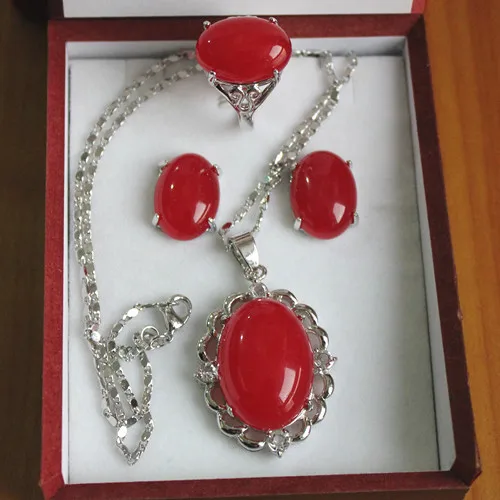 

Wholesale 13*18mm silver plated red jadel ring, earrings &pendant fashion jewelry set 5.31