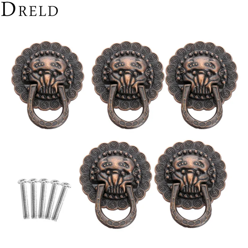 

DRELD 5pcs 29*37mm Antique Furniture Handles Lion Head Vintage Cabinet Knobs and Handles Door Drawer Pull Handle Knob Ring