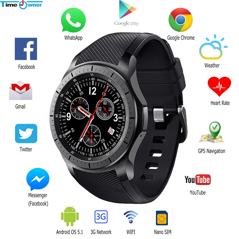 

Time Owner DM368 3G Smart Watch Phone Android OS 5.1 MTK6580 1.39" AMOLED Display GPS Heart Rate Google Play/Map WIFI Smartwatch