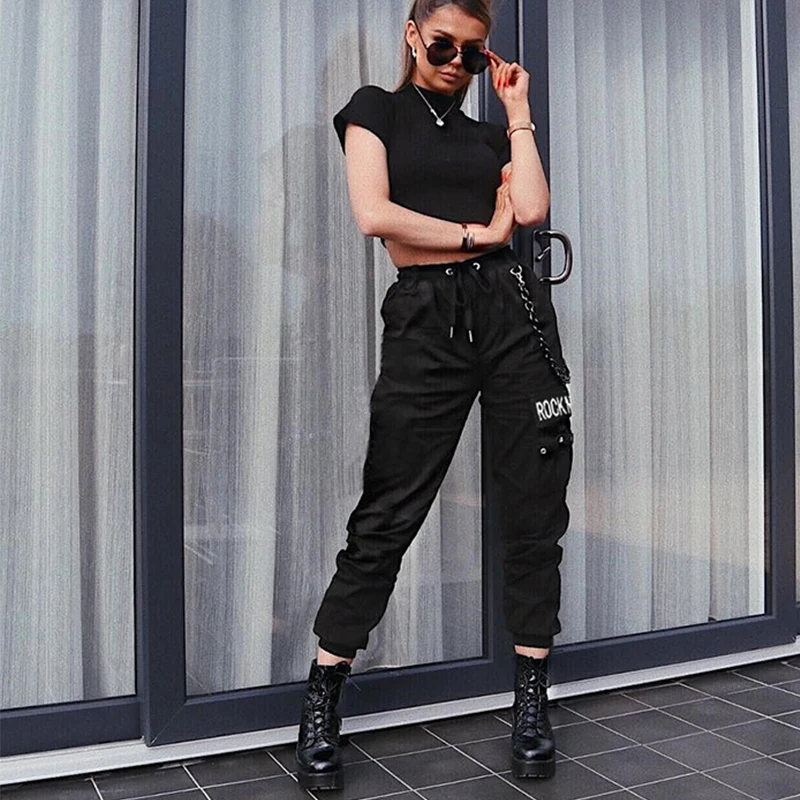 Rockmore White Cargo Pants With Chain Pockets Women High Waist Black Trousers Wide Leg Pants Femme Pant Summer Streetwear Fall Rockmore White Cargo Pants With Chain Pockets Women High Waist Black Trousers Wide Leg Pants Femme Pant Summer Streetwear Fall