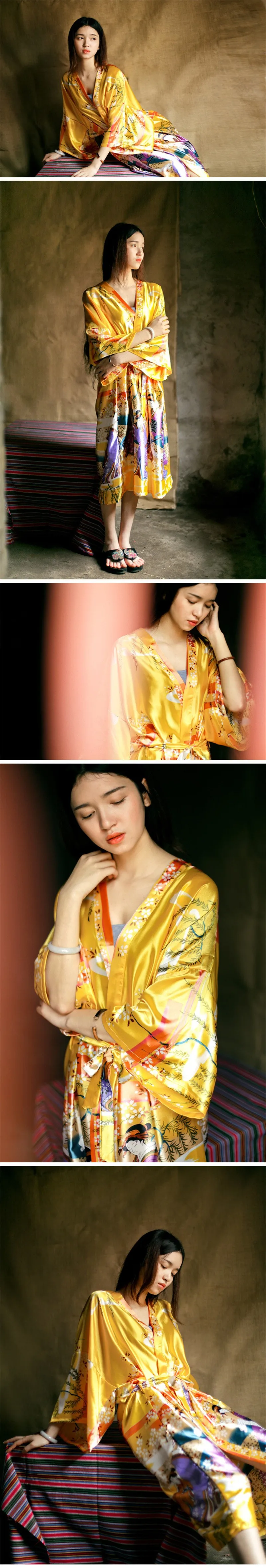 2019 халат Для женщин атласные платья для невест Винтаж кимоно с цветочным принтом Халат домашний халат желтый свадебные халаты # P144