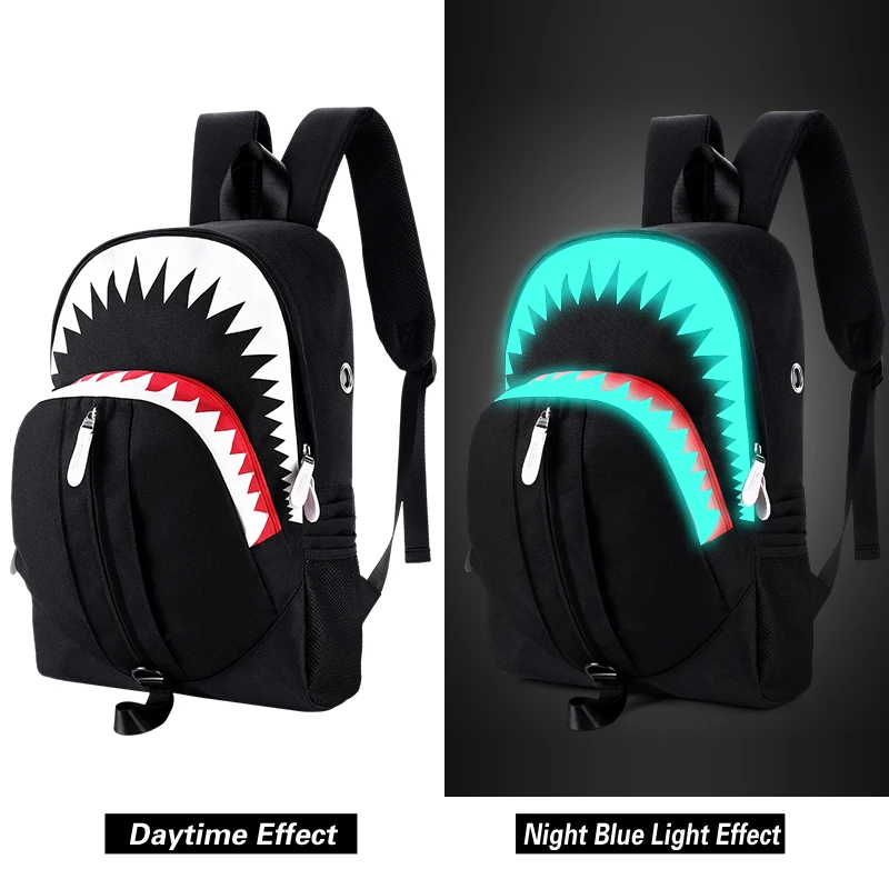 الرجال الأزياء USB شحن يلة مضيئة على ظهره القرش محمول على ظهره حقيبة صدر للرجال المراهقين حقيبة مدرسية Mochila السفر حقيبة أسود الرجال الأزياء USB شحن يلة مضيئة على ظهره القرش محمول على ظهره حقيبة صدر للرجال المراهقين حقيبة مدرسية Mochila السفر حقيبة أسود