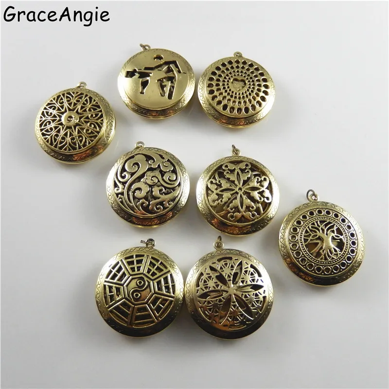 

GraceAngie Female Jewelry Pendant Bronze 8style 32mm Round Hollow Pattern Perfume Essential Oil Aromatherapy Diffuser Locket Box