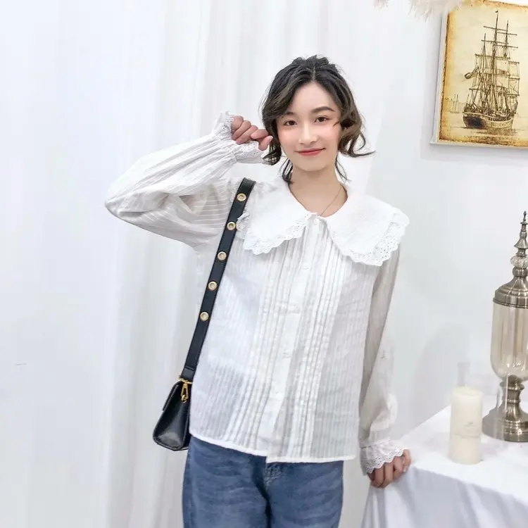 KYQIAO сладкий Лолита рубашка Мори девушки осень весна японский стиль кружевной воротник белая хлопковая блузка Топы