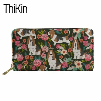 

Thikin Wallet Women Basset Hound Print Long Purse Ladies Kawaii Puppy Florals Pattern Coin Pocket for Females Money Bag Zipper