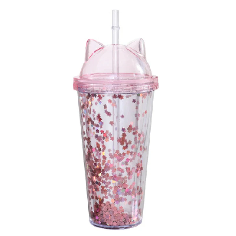 

Super Cute Cat Ears Double Plastic Drinking Cups With Straw Leak Proof Outdoor Portable BPA Free Plastic Bottle Student Gift