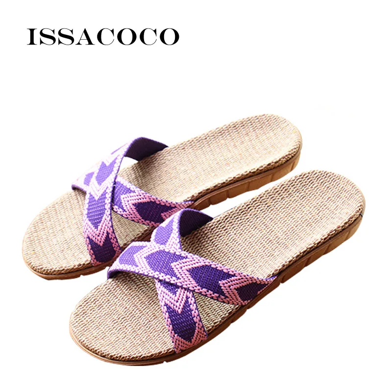 ISSACOCO/; женские летние льняные тапочки с перекрестной шнуровкой; парусиновые Нескользящие льняные тапочки на плоской подошве; пляжные вьетнамки; шлепанцы для ванной; Лидер продаж - Цвет: Purple