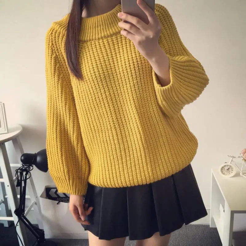 

Women Fashion Sexy O-neck Sweater Loose Sweater Lantern Sleeve plus size Pullover 2019 Spring Autumn Knitting Sweaters