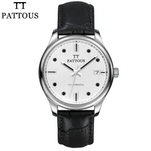 PATTOUS Mens Watch Brands Leather Skeleton Automatic Mechanical Watches Clock 50m Waterproof With Wood Box Gift for Men Watches