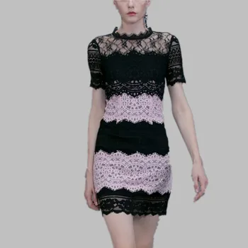 

HAMALIEL Summer Patchwork Lace Pencil Dress 2019 Women Short Sleeve Hollow Out Female Bodycon Dress Vintage Sexy Sheath Dress