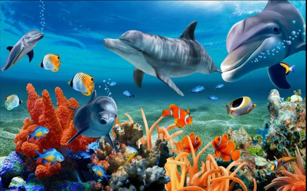 Фото обои 3D подводный мир, дельфин Настенные обои Гостиная Детская комната спальня диван 3d обои