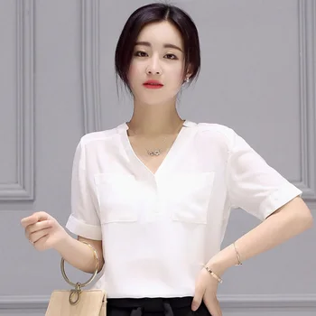 

Breathable Summer Lady White Loose T-Shirts Size M-2XL V-Neck Short Sleeve Tops 2016 Korean Style Girls Casual Tees