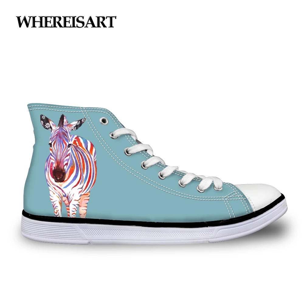 

WHEREISART 3D Cartoon Zebra Pattern Funny Womens Autumn Vulcanize Shoes Flats Woman Fashion High Top Women Casual Canvas Shoes