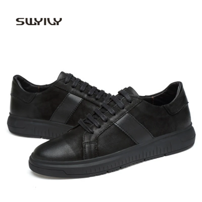 Swyivy الرجال التزلج أحذية رياضية الرجال جلد طبيعي أسود أحذية 2018 الجديدة المنخفضة أعلى كعب مسطح الذكور تنيس أحذية تزلج
