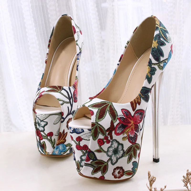 Женская обувь, размеры 34-43 женские туфли-лодочки на платформе и высоком каблуке 19 см, с открытым носком и цветочным принтом пикантные женские кожаные туфли с принтом для вечеринки и свадьбы, MC-77