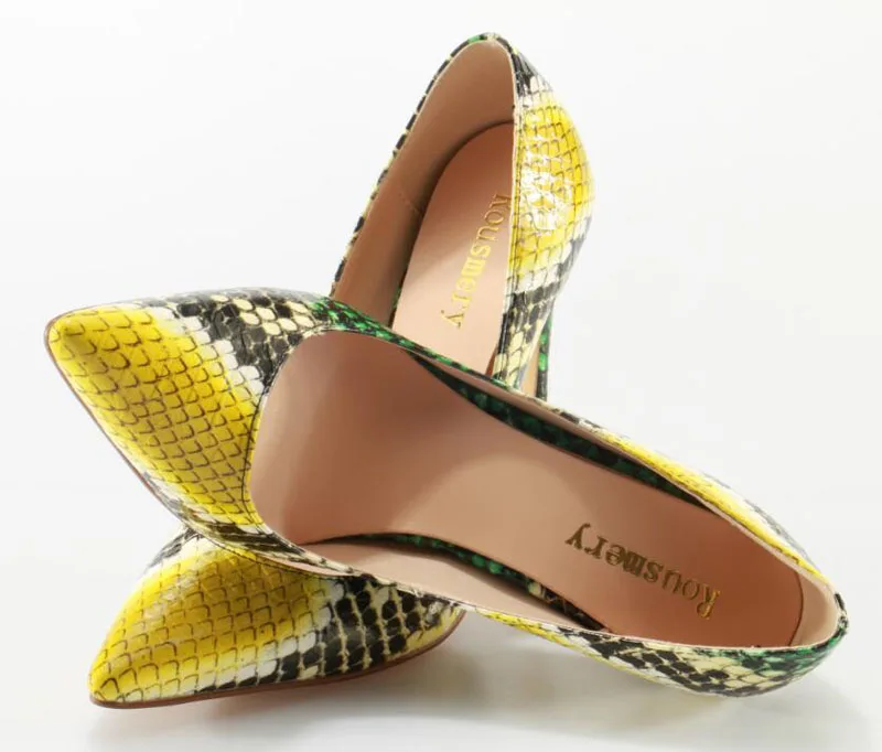 High Quality Women Fashion Shining Snake Leather Pointed Toe Pumps Patchwork Color High Heels Formal Dress Shoes High Quality Women Fashion Shining Snake Leather Pointed Toe Pumps Patchwork Color High Heels Formal Dress Shoes