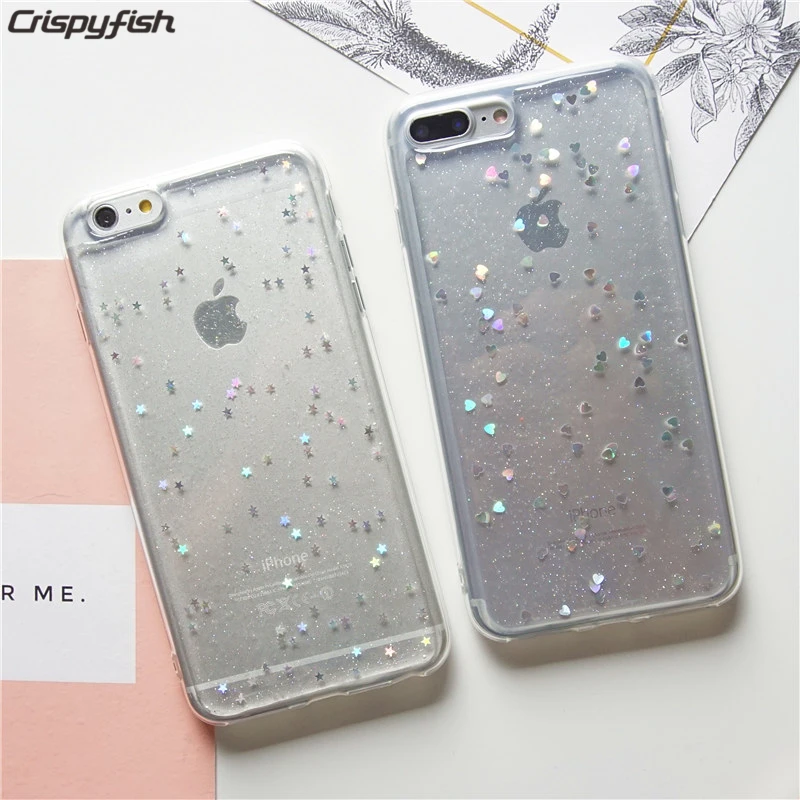 

Crispyfish Glitter Sparkly Stars Cute Soft Case For iPhone 7 8 Plus Transparent TPU Silicone Case Cover For 6 6S X XR XS MAX