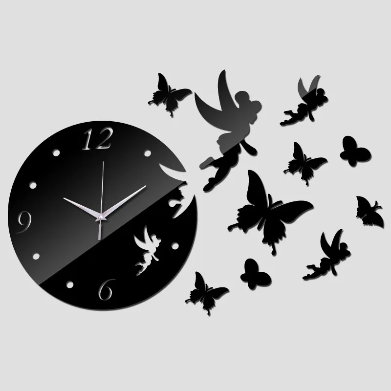 

3D DIY Angel butterfly acrylic mirror wall sticker photo wall living room bedroom Creative Clock wall clock wedding room decor