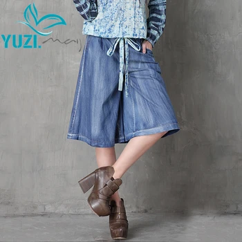 

Summer Style Women's Pants 2017 Yuzi.may Ethnic New Denim Jeans Loose Knee Length Trousers For Women Wide Leg Pants X2107