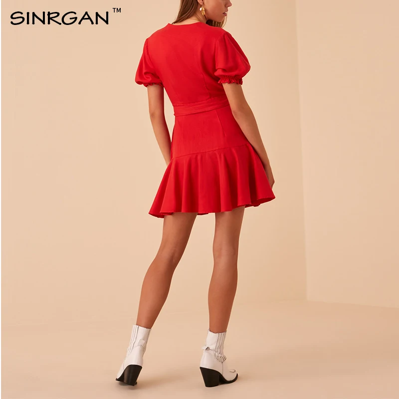SINRGAN шорты красный обернуть летнее платье 2019 для женщин оборками сексуальный v