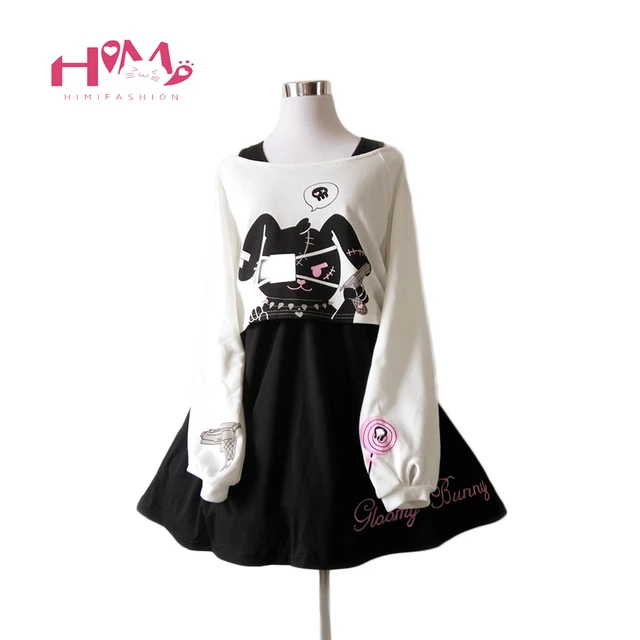 Rabbit Harajuku Dress Teens Girls 2 Pcs Suit Sweet Kawaii Short Dress Cute Bunny Print Long Sleeve Japanese Lolita Dress 2020 1