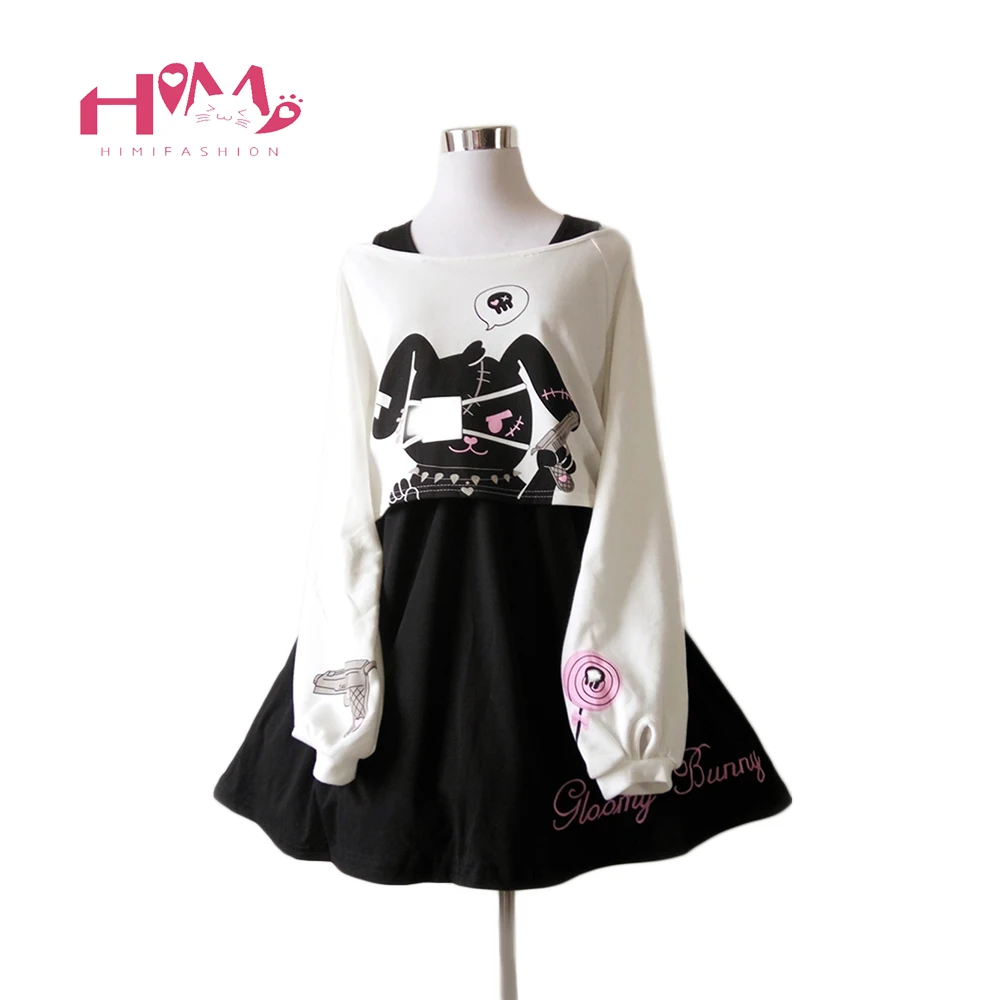 Prix Noir bande dessinée lapin robe adolescents filles 2 pièces costume doux coton robe courte mignon lapin imprimé manches longues japonais Lolita robe