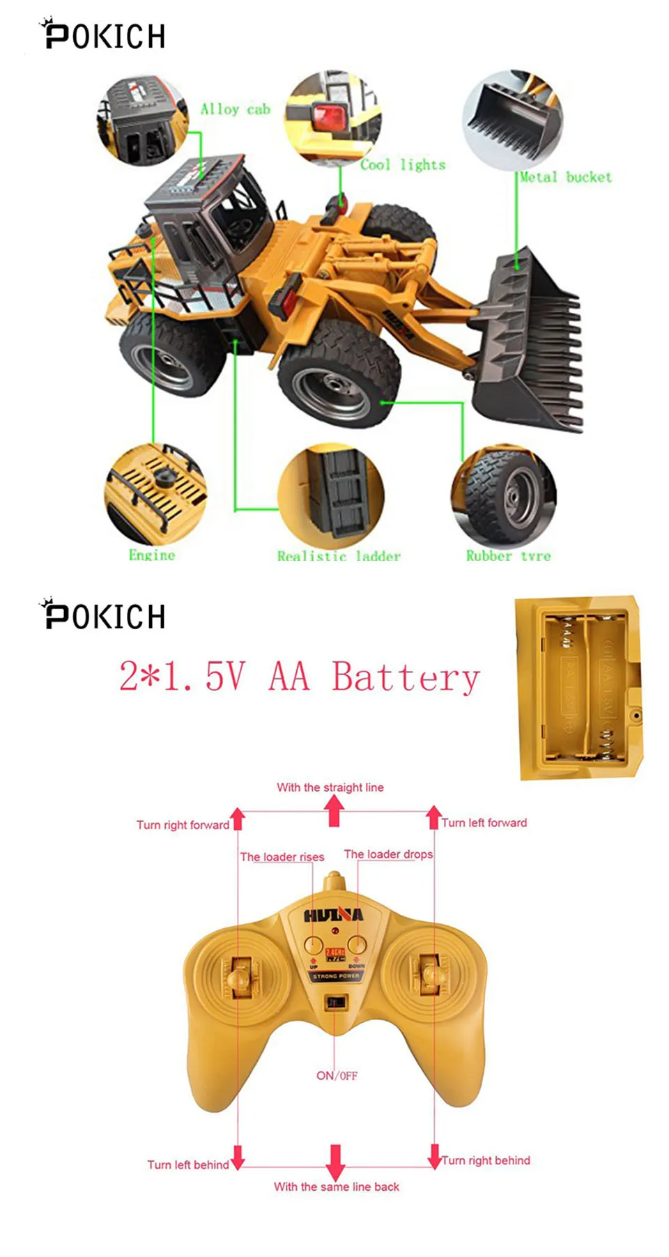 Pokich RC 1:18 колесный фронтальный погрузчик бульдозер с дистанционным управлением Грузовик 6 каналов 2,4 г сплав автомобиль трактор игрушка с подсветкой