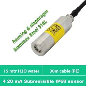 

15m H2O level, 4 to 20mA signal, submersible water pressure sensor, 30m PE cable, 9 12 24 30V DC supply, full ss 316L material