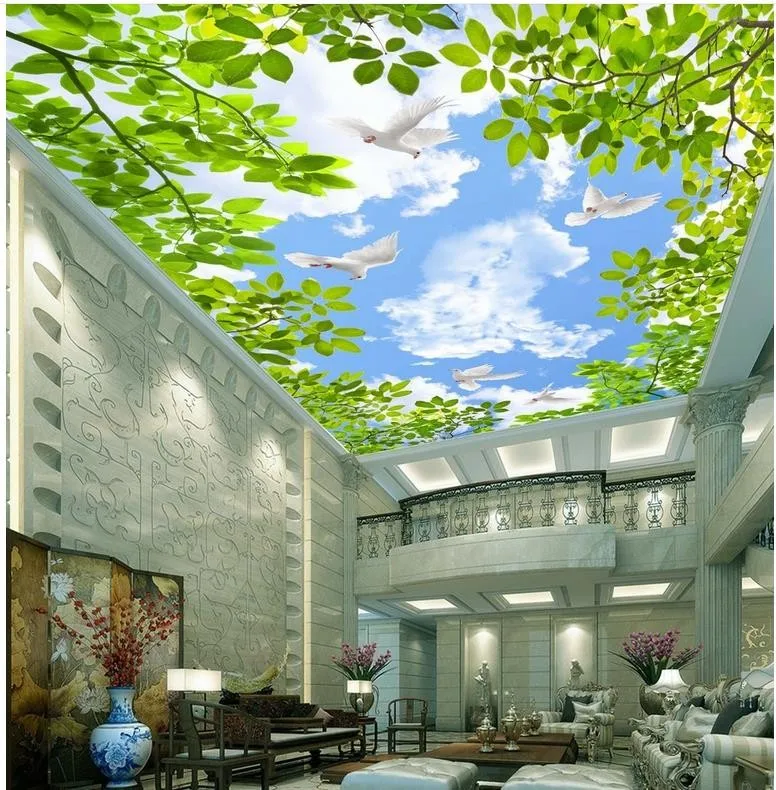 Облако Blue Sky зеленый лист потолок пользовательские 3D Настенные обои Европейский стиль потолочные украшения дома fresco
