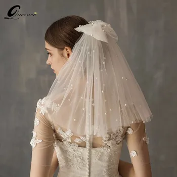

Fashion White Ivory Multi Layers Bridal Veils Cut Edge Bow Pearl Wedding Short Women Veils With Comb
