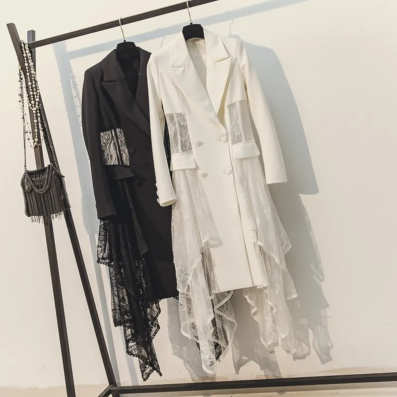 Women Blazer Long Sleeve Double Breasted Blazers Solid Irregular Tops Lace Spliced Hollow Out Long Blazer