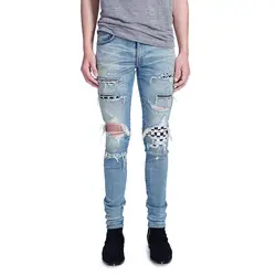 Модные уличные мужские джинсы синего цвета Эластичные Обтягивающие рваные джинсы Homme панк брюки стрейч хип-хоп джинсы мужские