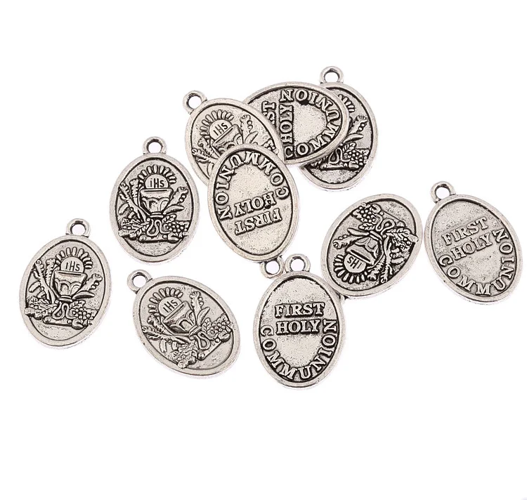 

First Holy Communion Oval Tibetan Silver Beads Charms Alloy Pendants Fit Bracelet 10pcs 20*15mm For Women Jewelry Gift