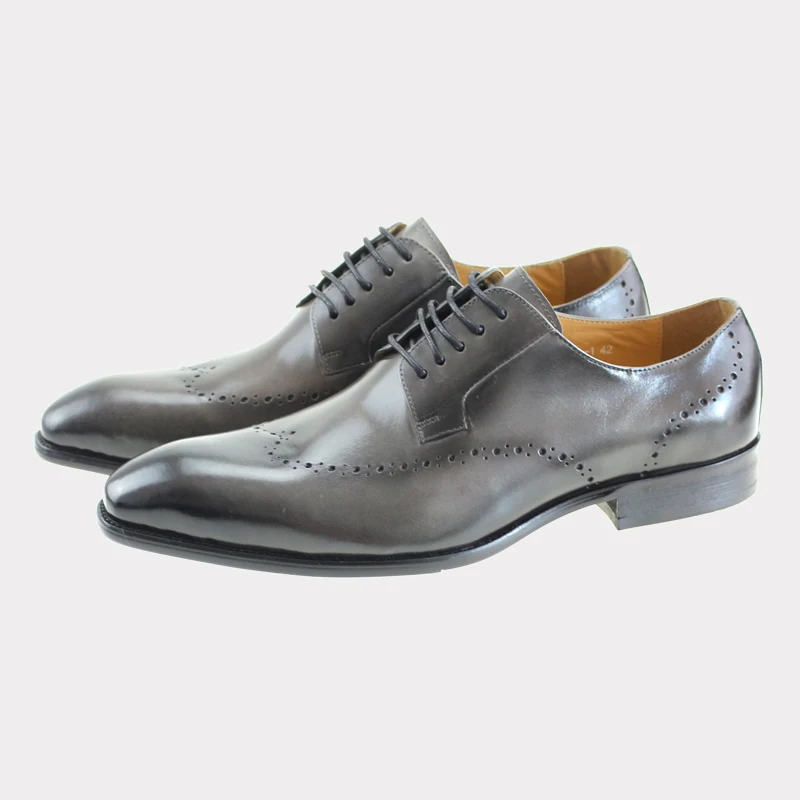 

2017 Genuine Leather Grey Lace Up Pointed Toe Brogue Handmade Wedding Party Formal Men Shoes Office Business Suit Male Footwear