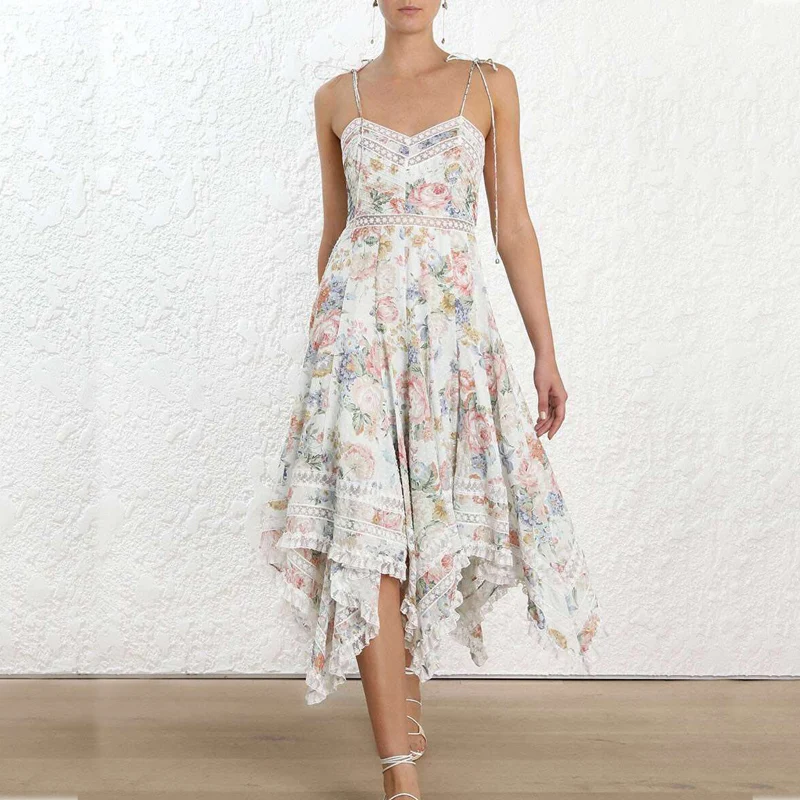 

2019 Runway Designer Floral Print Lace Tie Woman Spaghetti Strap Maxi Dress Sexy Backless Irregular Elegant Beach Style Dress