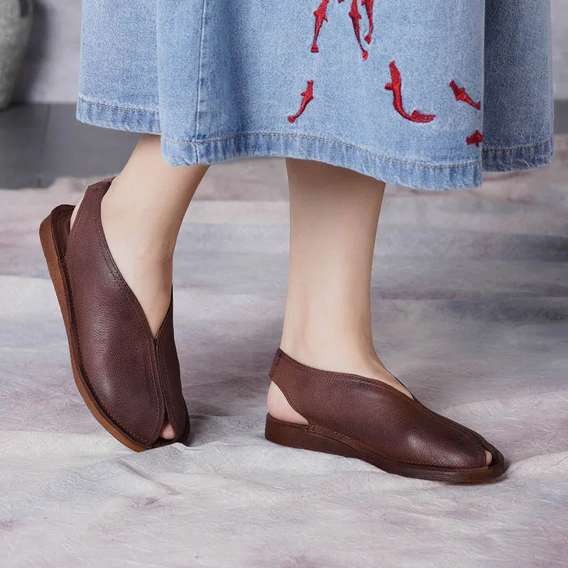 

2019 VALLU Summer Shoes Women Sandals Peep Toes Handmade Vintage Genuine Leather Ladies Slingback Mother Sandals