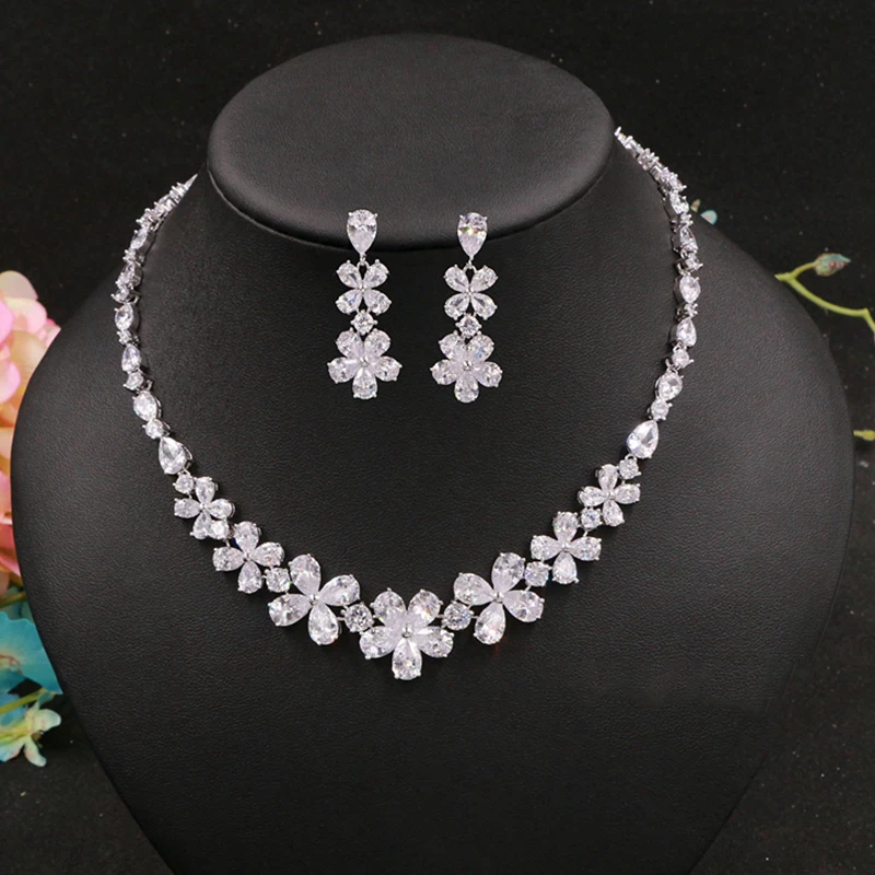 Cubic Zirconia Flower Pattern Crystal Stud Earrings Necklace Jewelry Rhinestones Wedding Girls Accessories For Bride Cubic Zirconia Flower Pattern Crystal Stud Earrings Necklace Jewelry Rhinestones Wedding Girls Accessories For Bride