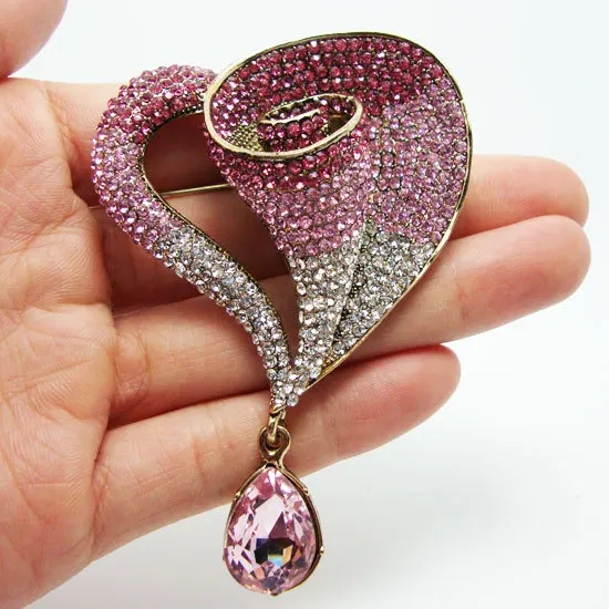 

Fashionable Romantic Pink Crystal Rhinestone Love Lily Heart Brooch Pin Pendant