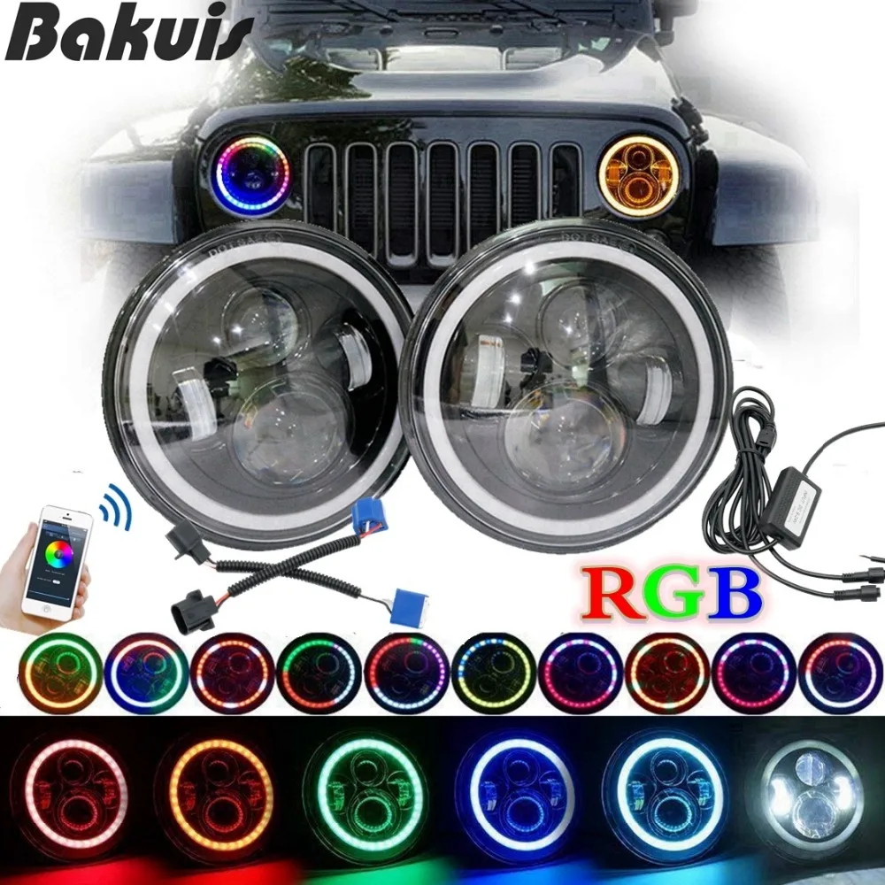 

For Lada 4x4 urban Niva 7"LED Headlights RGB Multifunction Halo Angle Eye For Jeep Wrangler JK Hummer Headlamp Driving Light DRL