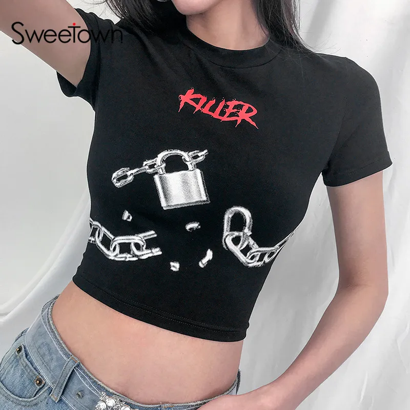 

Sweetown Black Gothic Cropped T-Shirt Broken Chain Print Chic Women Clothes 2019 Streetwear Short Sleeve O-Neck Summer Top Shirt