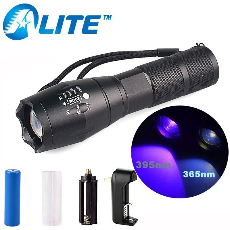 

TMWT E17UV Zoom Adjustable Focus UV 365nM 395nM Ultraviolet Flashlight Torch LED Light Linterna with 18650 Battery