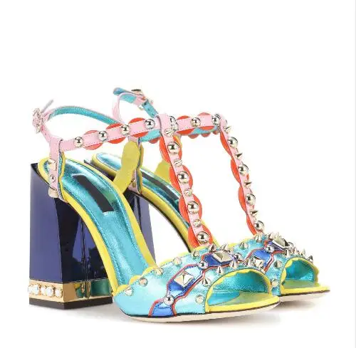 Top Summer Girl 2018 Rainbow Sandals Gladiator Shoes Thick Heeled Ladies Party Shoes Studs Straps Female Wedding Party Dress Sandals 1