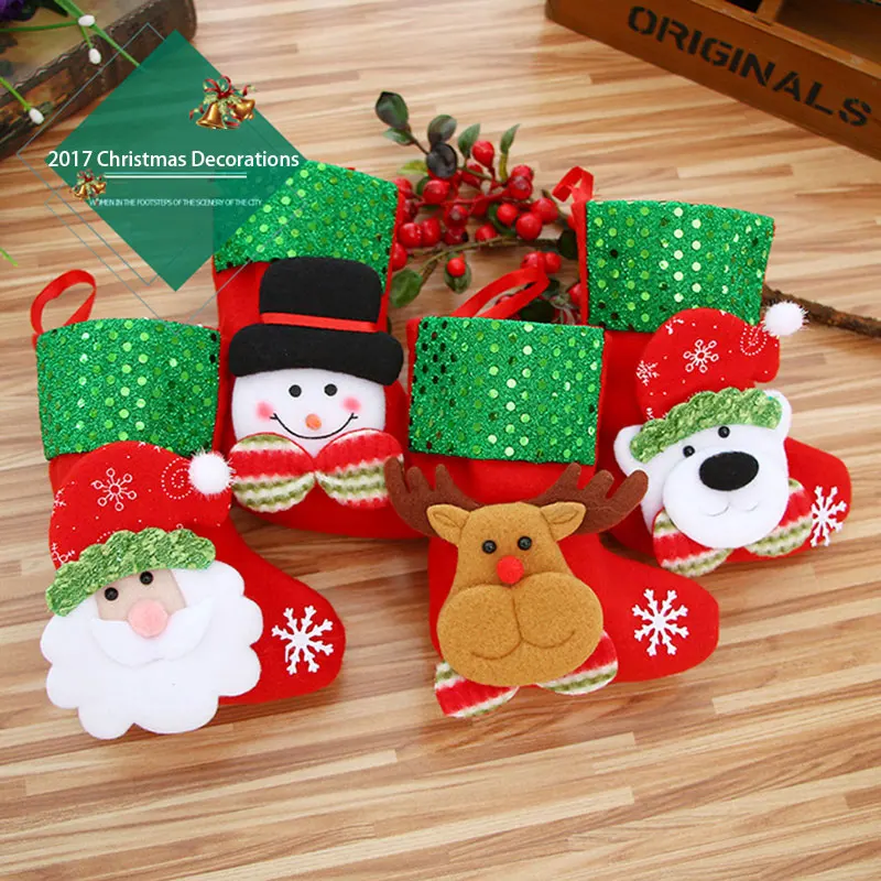 

4PCS/Pack 2017 Santa Claus Snowman Deer Christmas Stockings Christmas Tree Ornaments Decorations Xmas Festival Gift Holders Bags