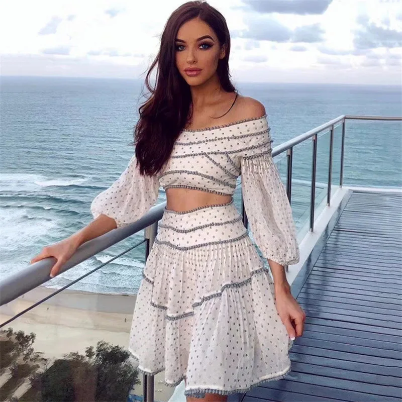 

Summer Runway Designer Dresses 2018 Women's Sexy Off Shoulder White Polka Dot Embroidery Dress two piece dress vestidos