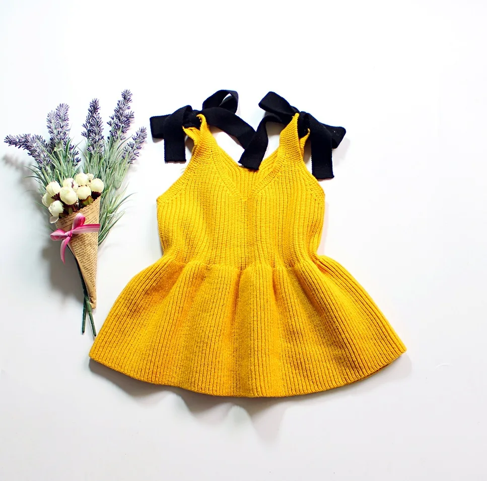 Осенне-зимнее платье-майка для маленьких девочек; вязаный свитер без рукавов; платья для девочек с милым бантом; vestidos; RT147
