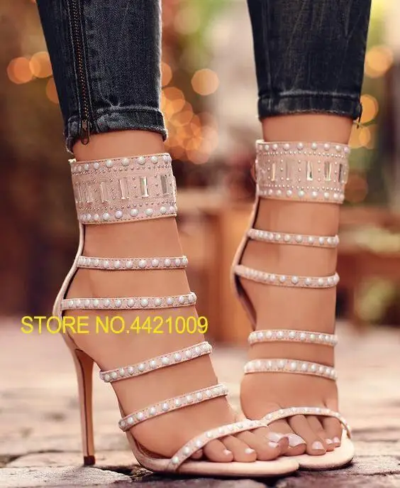 

Summer Female Dress Mujers Women Fashion Nude Pearls Buckle Zip Back Strips Stiletto Heel Party Prom Wedding Sandals Pumps Shoes