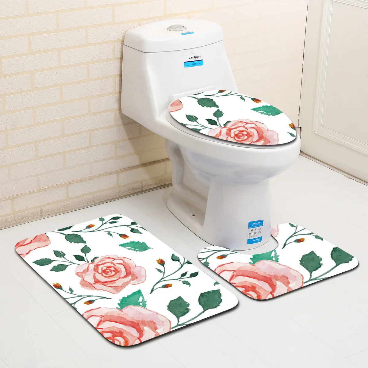Floral Printed 3pcs Mats For Bathroom And Toilet Washable Toilet Bath