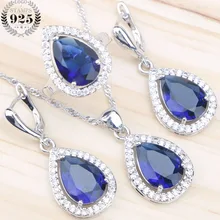 Синий Цирконий Серебро 925 Свадебные Ювелирные наборы для женщин Свадебные ювелирные изделия камень серьги кольцо кулон ожерелье набор подарочная коробка