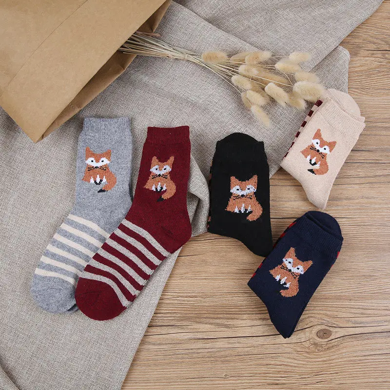 10 пар/лот лисы осенние и зимние основные мультфильм животный узор один иглы женщин Носки полоса полосы теплые женские шерстяные носки