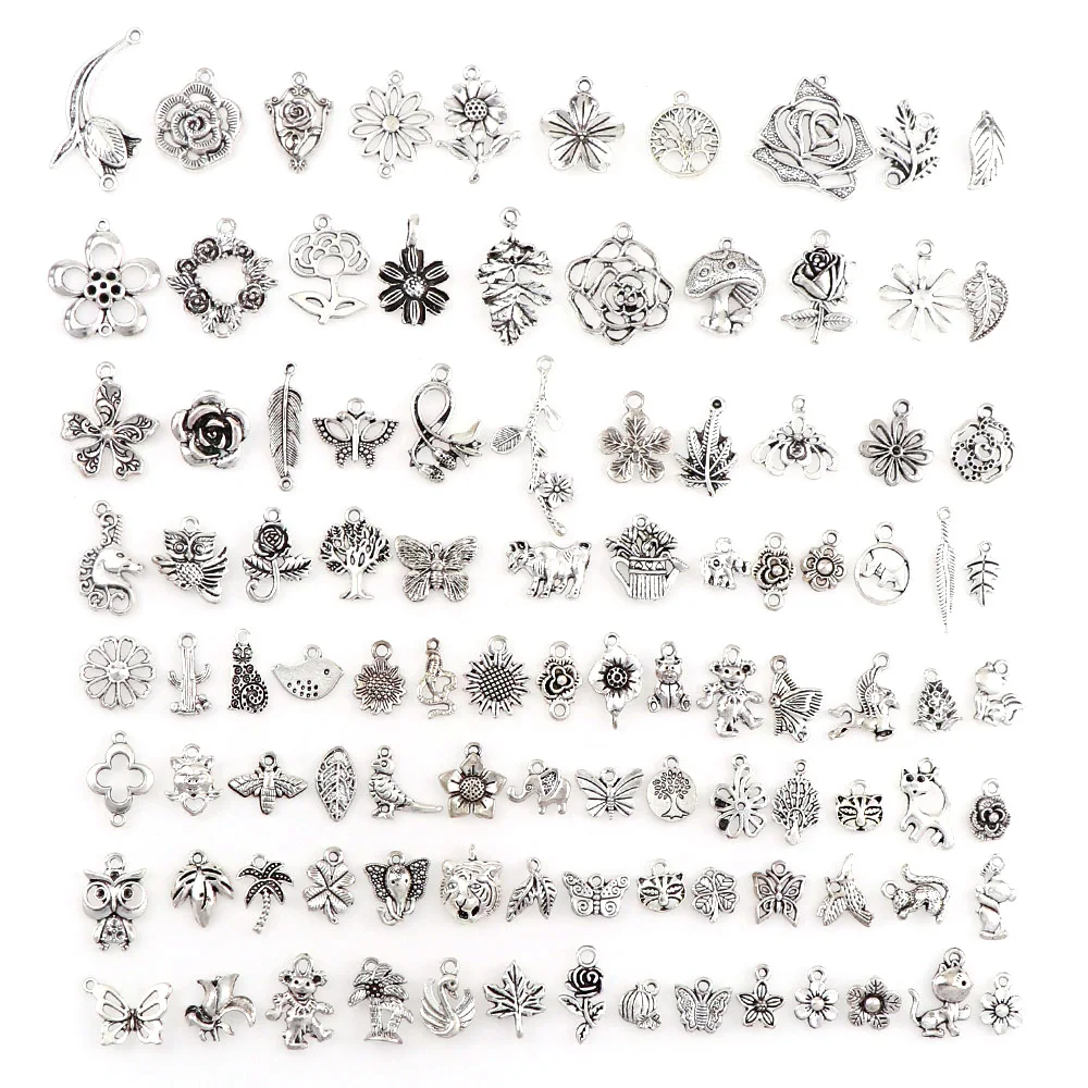 

100pcs/lot Mixed Antique Silver Color Vintage Plant Series Set Bracelets Charm Pendants Fashion Jewelry Making Findings